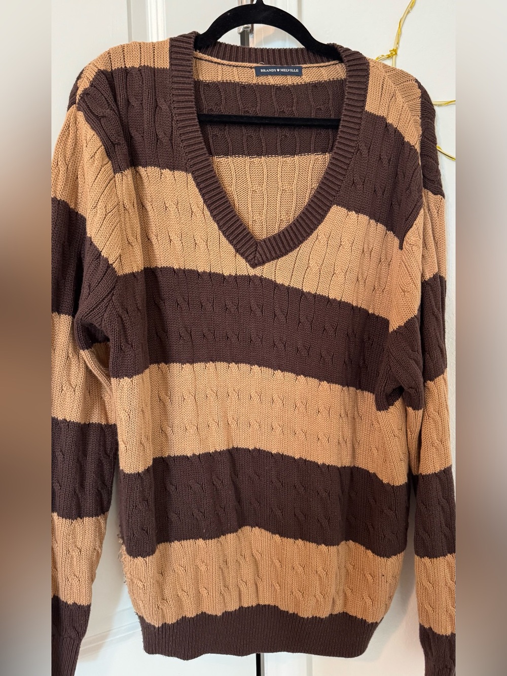 Oversized Brandy Melville Striped Cable-Knit V-Neck Sweater in Brown and Tan. OS